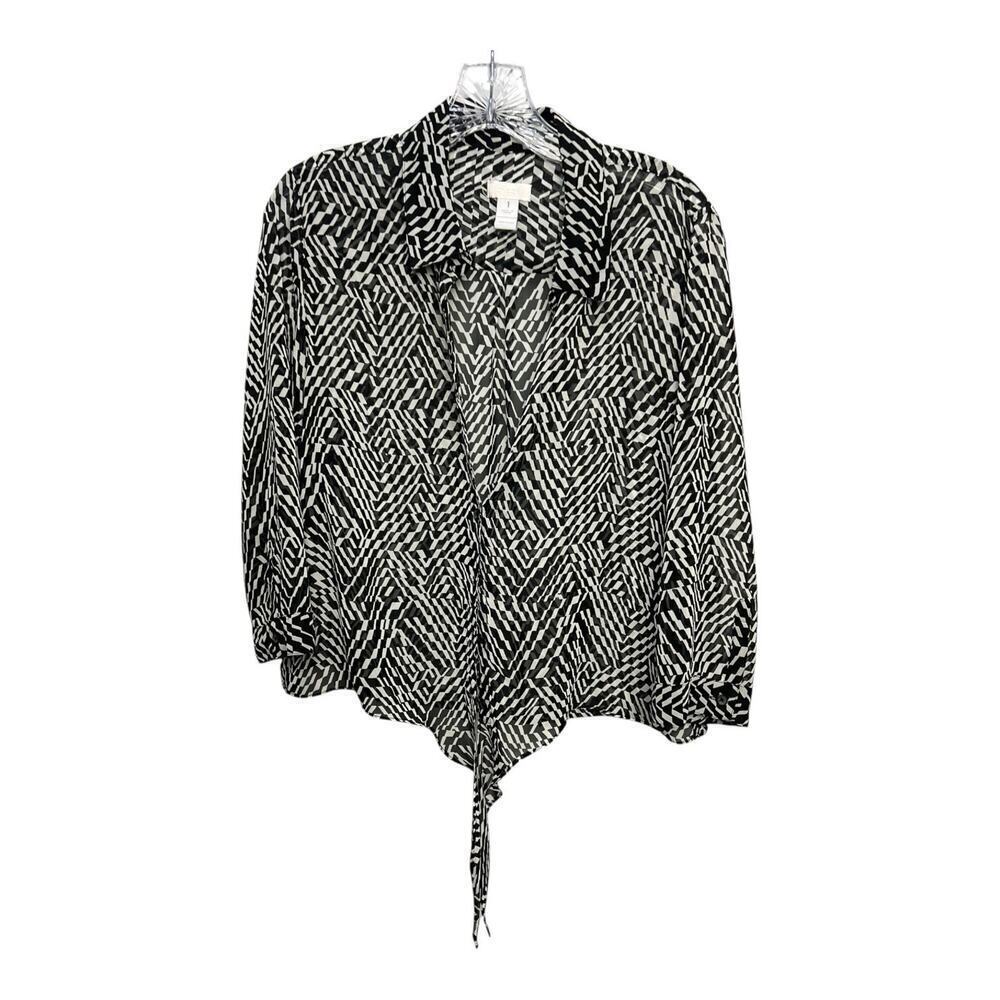 Chicos Chiffon Front Tie Blouse Sz 1 Black White Collar 3/4 Sleeve Sheer